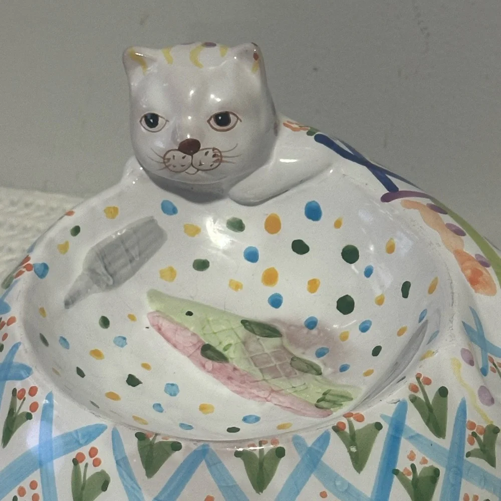 Handcrafted Ceramic Cat Bowl - White and Blue